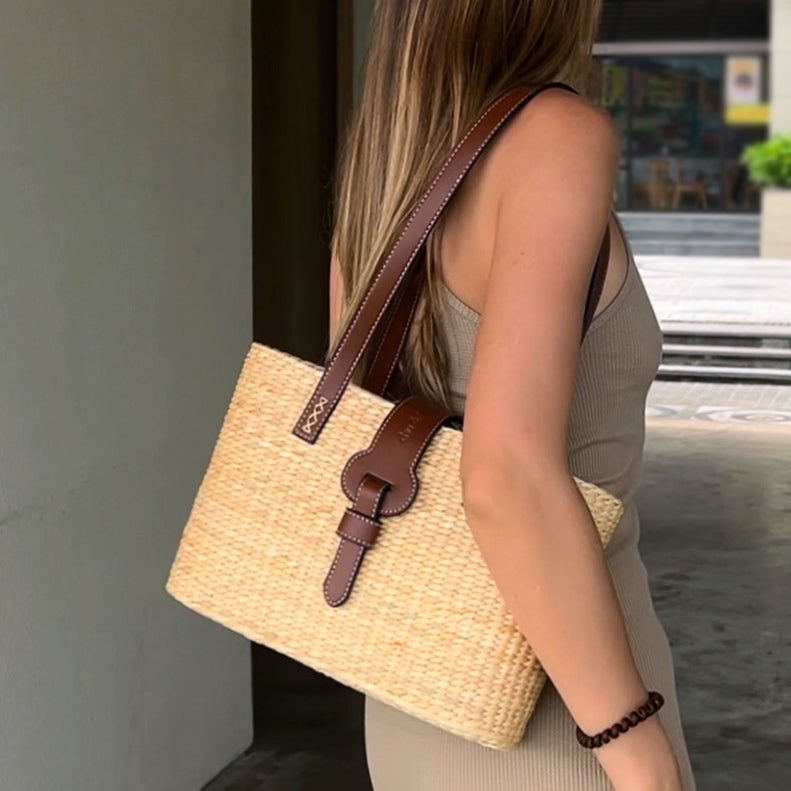 Handmade Square Basket Bag – Sustainable Water Hyacinth Shoulder With Cowhide Leather Strap For Women